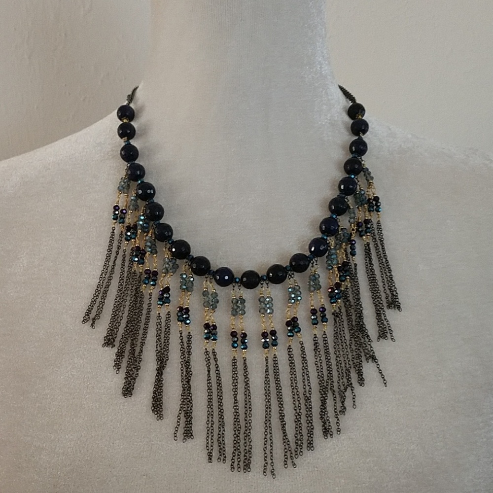 Nakamol Lapis Gunmetal Fringe Necklace